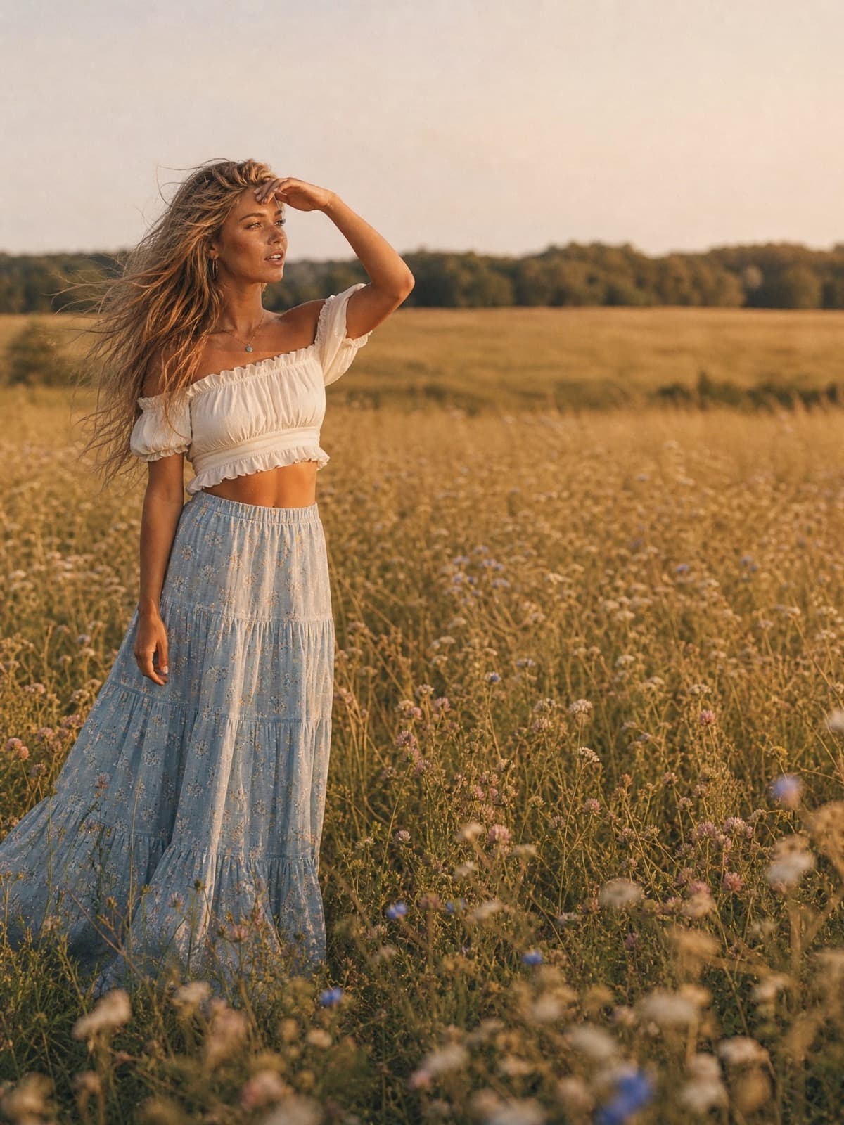 Goldie Boone standing in a meadow of dry grass and wildflowers, one hand shading her eyes